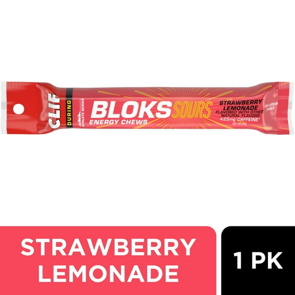 CLIF BLOKS SOURS Strawberry Lemonade Flavor with Caffeine Plant Based Energy Chews, 1ct