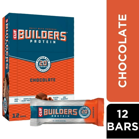 CLIF BUILDERS Protein Bars Chocolate Flavor, Plant Protein, Gluten Free Bars, 12ct