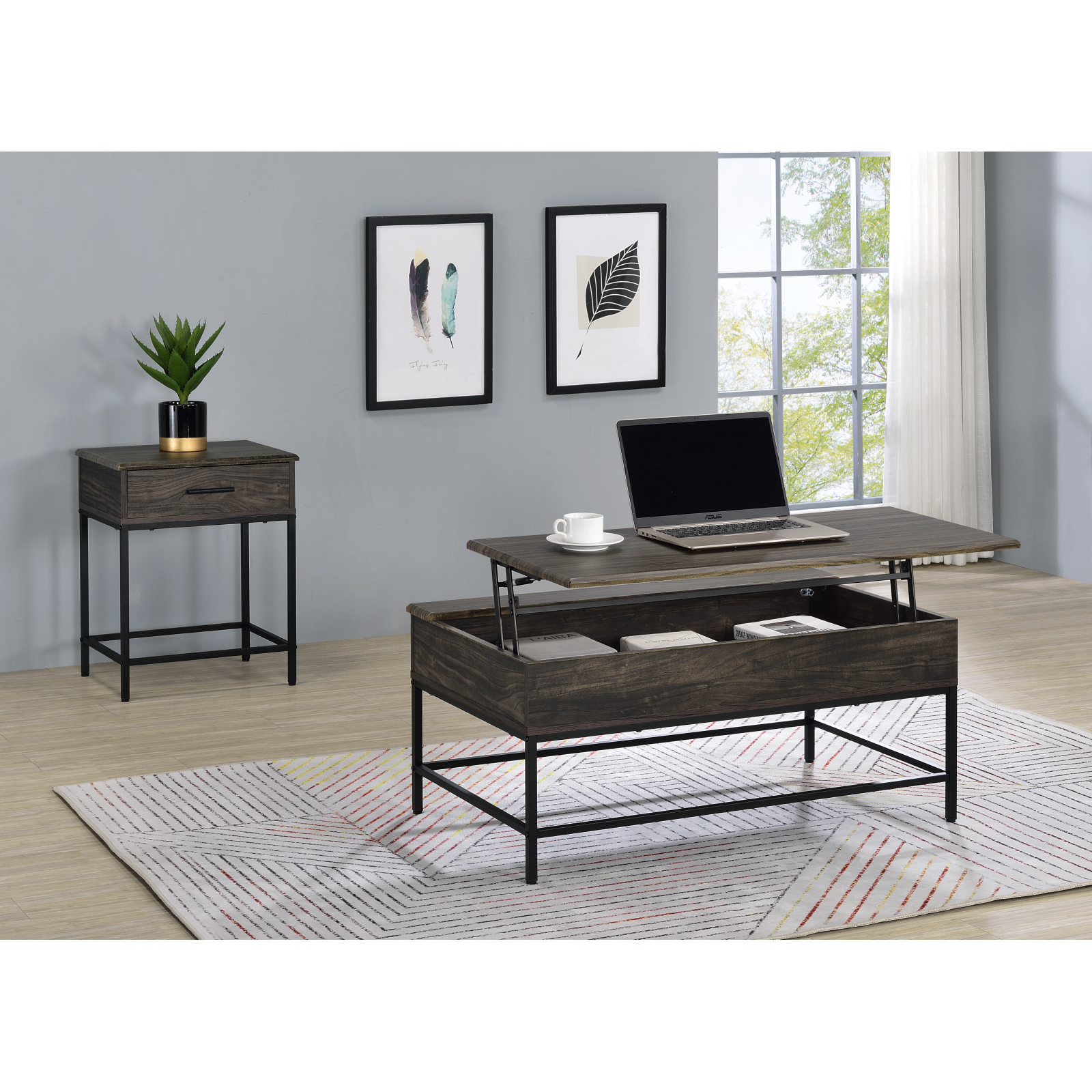 Cliff 2 Piece Brown MDF Lift Top Coffee and End Table Set 00716