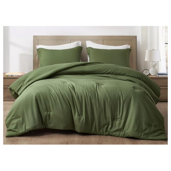Cliff 3-Piece Lightweight Cooling Comforter Set, Queen- Rayon Derived from Bamboo & Polyester Blended, Soft Breathable Bedding for Hot , Olive Green