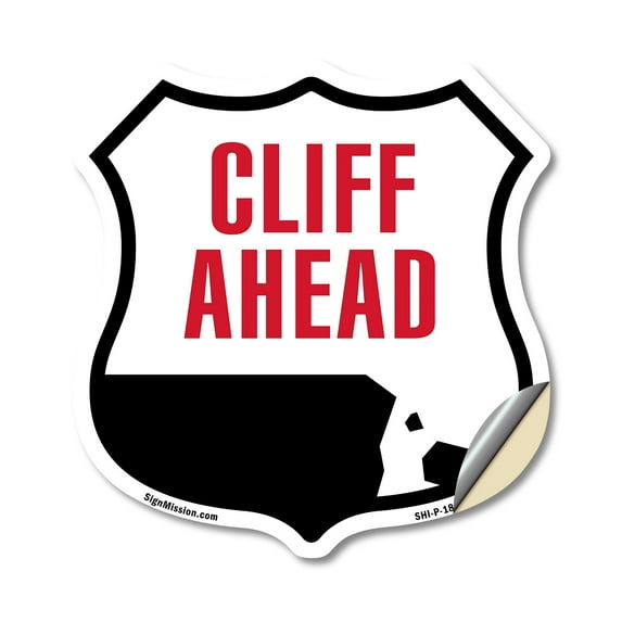 Cliff Ahead (5 Pack) 6 inch X 6 inch Shield Shaped Heavy Duty 3.2 mil Vinyl Decals Weather Resistant Made in the USA