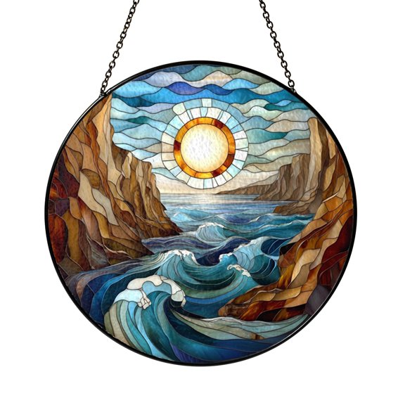 Cliff Coast Ocean View Glass Suncatcher Window Hanging, Scenic Seaside Nature Decor