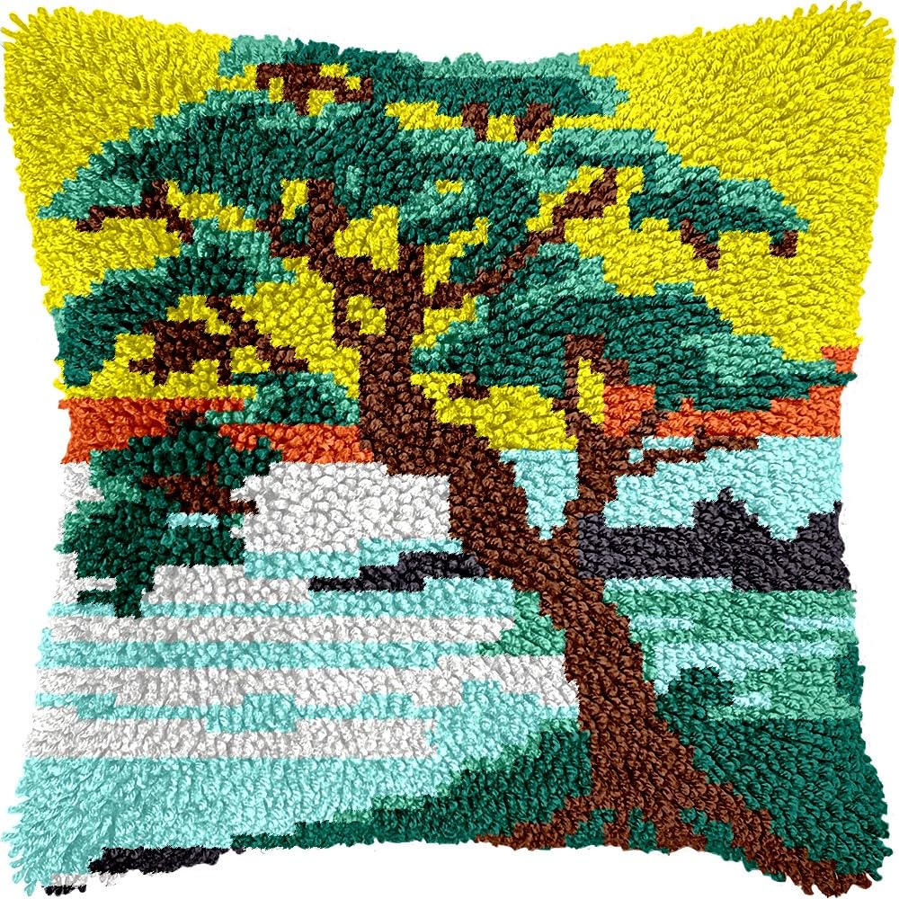 Cliff Pine Tree Latch Hook Pillow Kits Pillow Cover Latch Hook Crafts Crochet Knitted Hooking Pillowcase Cushion Crafts Embroidery Latch Hooking Kits Material Set 17x17 inch(160)