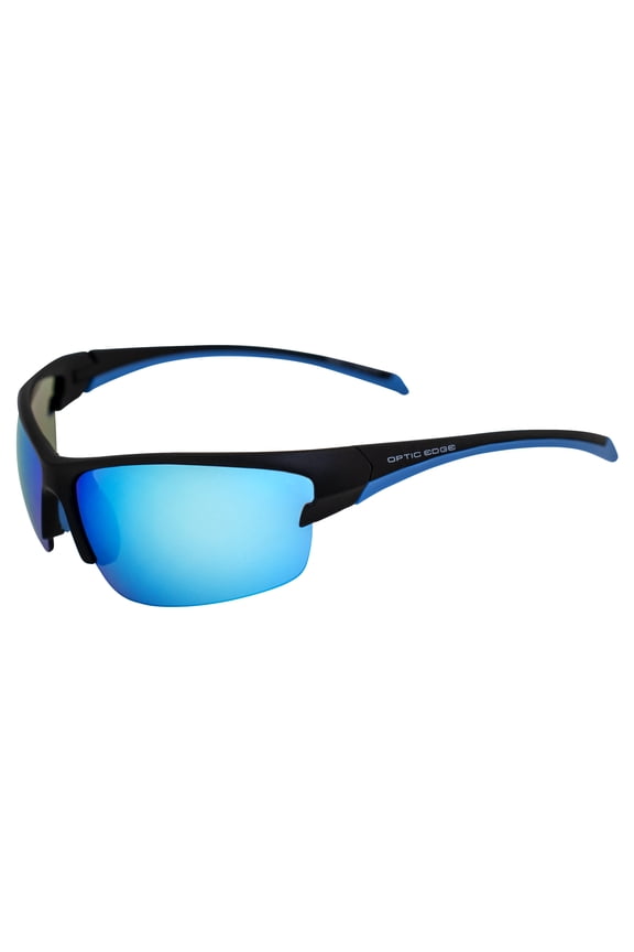 Cliff Weil Optic Edge Breakaway Wraparound Sports & Motorcycle Sunglasses for Men or Women Semi-Rimless Matte Black Frame w/Dielectric Blue Mirror Lens