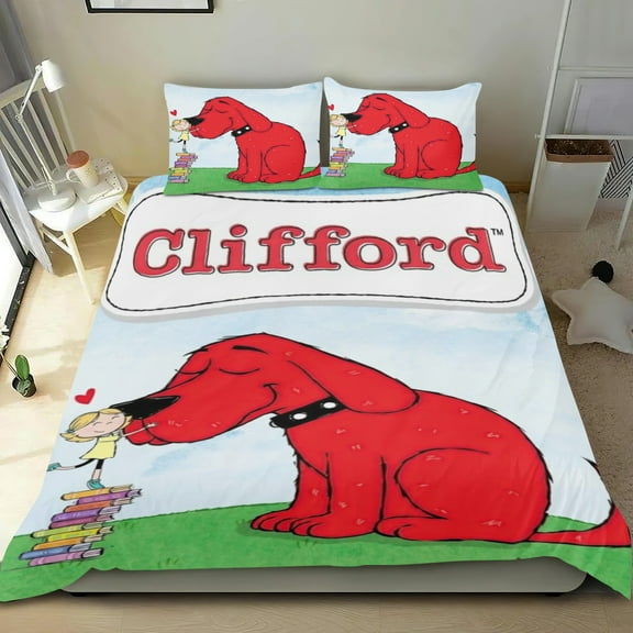 Clifford The Big Red Dog Themed Bed Sheet Set Three Piece Set 53x79 In ches Comfortable And Skin Friendly Unique Design Creating A Star Studded Night Home Decor Gifts For Family Friends fans
