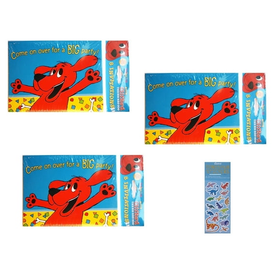Clifford The Big Red Dog Birthday Party Supplies Bundle includes 24 Party Invitations with Envelopes and 1 Dinosaur Sticker Sheet