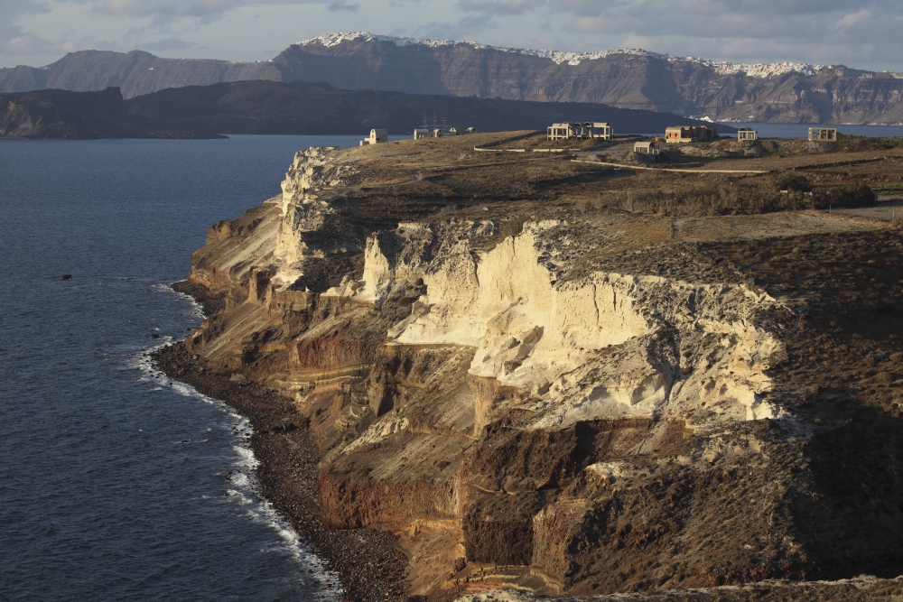 Cliffs of Cape Apronisi covered with tuff deposits from the Minoan Eruption of Santorini Volcano Canvas Art - Richard RoscoeStocktrek Images (18 x 12)