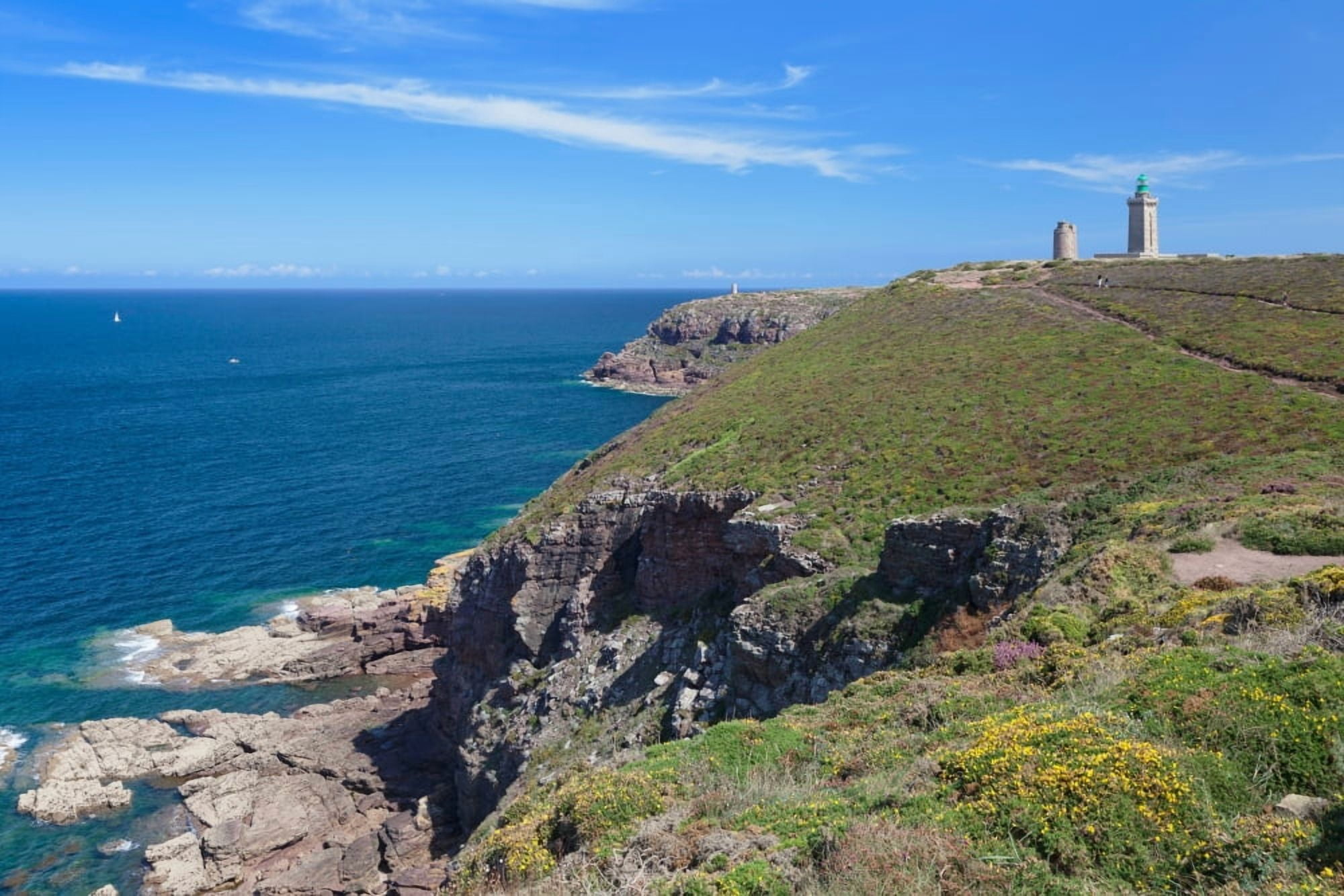 Cliffs with two lighthouses at the coast Cap Frehel Cotes-dArmor Brittany France Canvas Art - Panoramic Images (27 x 9)