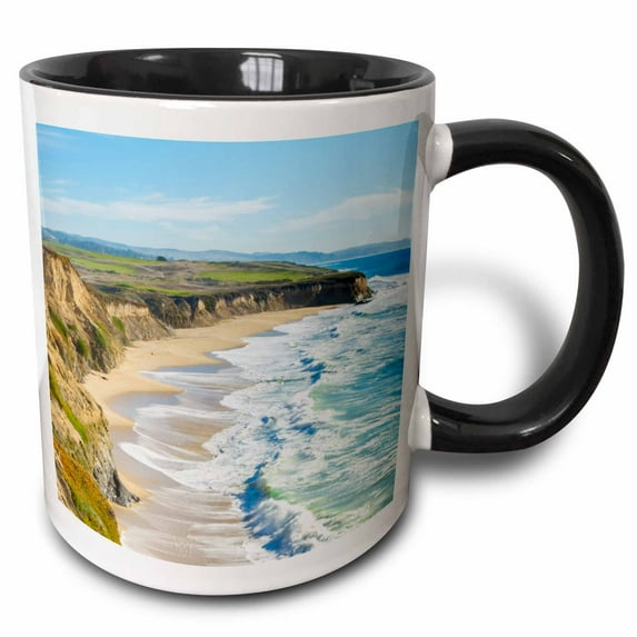 3drose, Cliffside Beach with Waves Sand at Half Moon Bay, California, 15oz Two-tone Black Mug