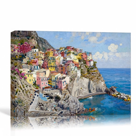 Cliffside Coastal Village Wall Art Large Mediterranean Canvas Print Hallway Decor 36"L x 24"W