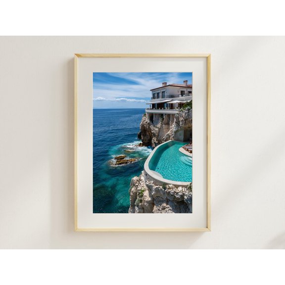 Cliffside Infinity Pool Mediterranean Wall Art Decor Unframed Paper Print