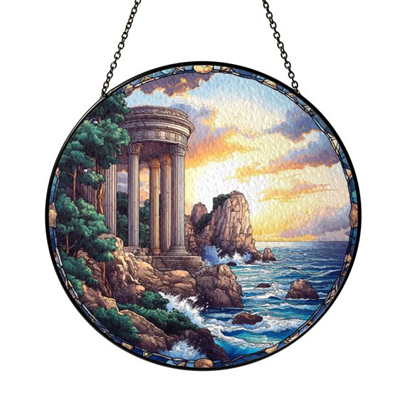 Cliffside Temple Scenic Illustration Stained Glass Style Round Window Suncatcher Decor, Epic Landscape Home Gift