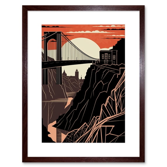 Clifton Suspension Bridge Sunset Contrast Linocut Artwork Framed Wall Art Print 9X7 Inch