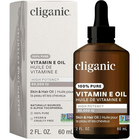 Cliganic 100% Pure Vitamin E Oil for Skin, Hair & Face - 60,000 IU, Non-GMO Verified | Natural D-Alpha Tocopherol