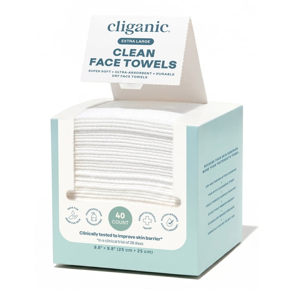 Cliganic Disposable Extra Large Hypoallergenic Clean Face Towels, 40 Count