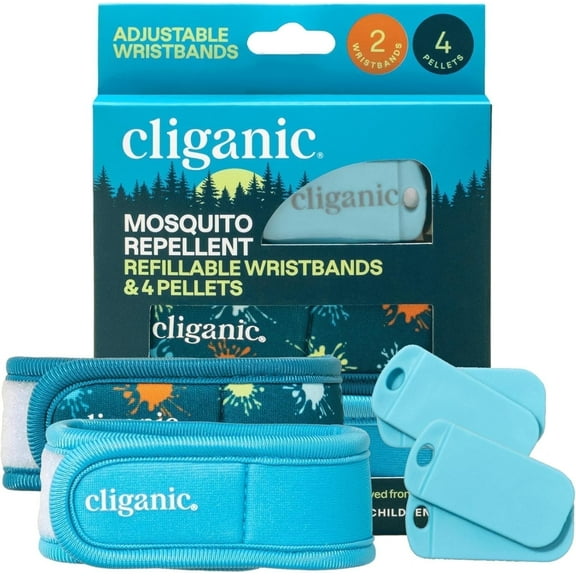Cliganic Natural Outdoor Mosquito Repellent Wristband, 2 Adjustable Bands with 4 Refill Pellets