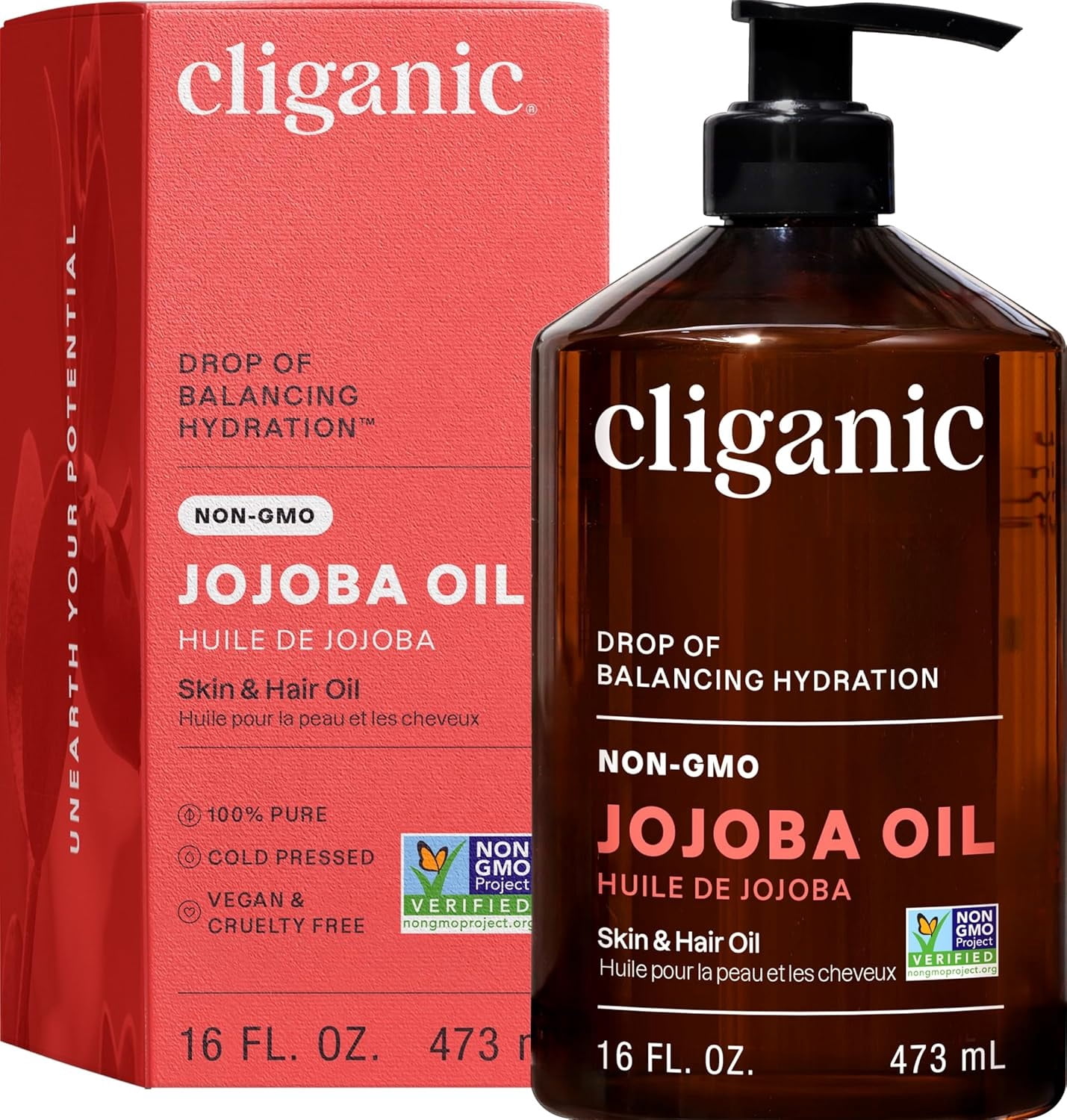Cliganic Pure Jojoba Oil with Pump, Cold-Pressed Body Oil and Hair Oil for Skin Care, Hexane Free, 16 fl oz
