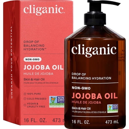 Cliganic Pure Jojoba Oil with Pump, Cold-Pressed Body Oil and Hair Oil for Skin Care, Hexane Free, 16 fl oz