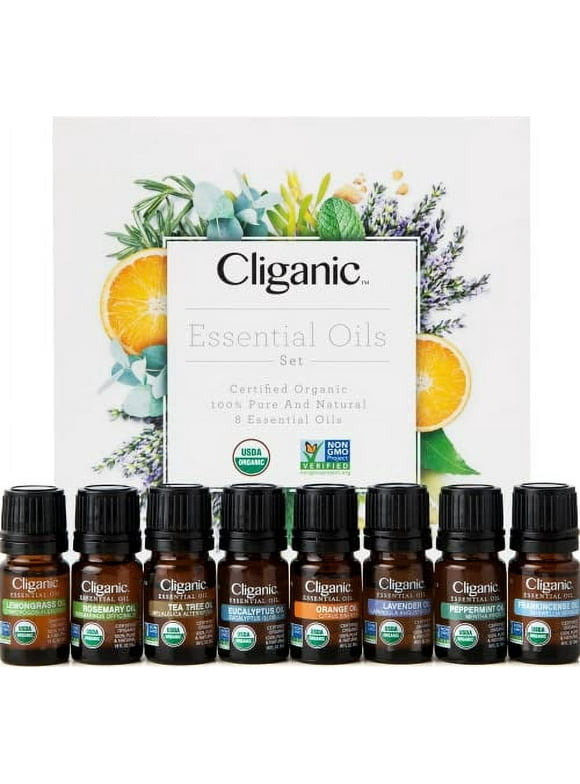 Cliganic Organic Aromatherapy Essential Oils Gift Set (Top 8), 100% Pure - Peppermint, Lavender, Eucalyptus, Tea Tree, Lemongrass, Rosemary, Frankincense & Orange