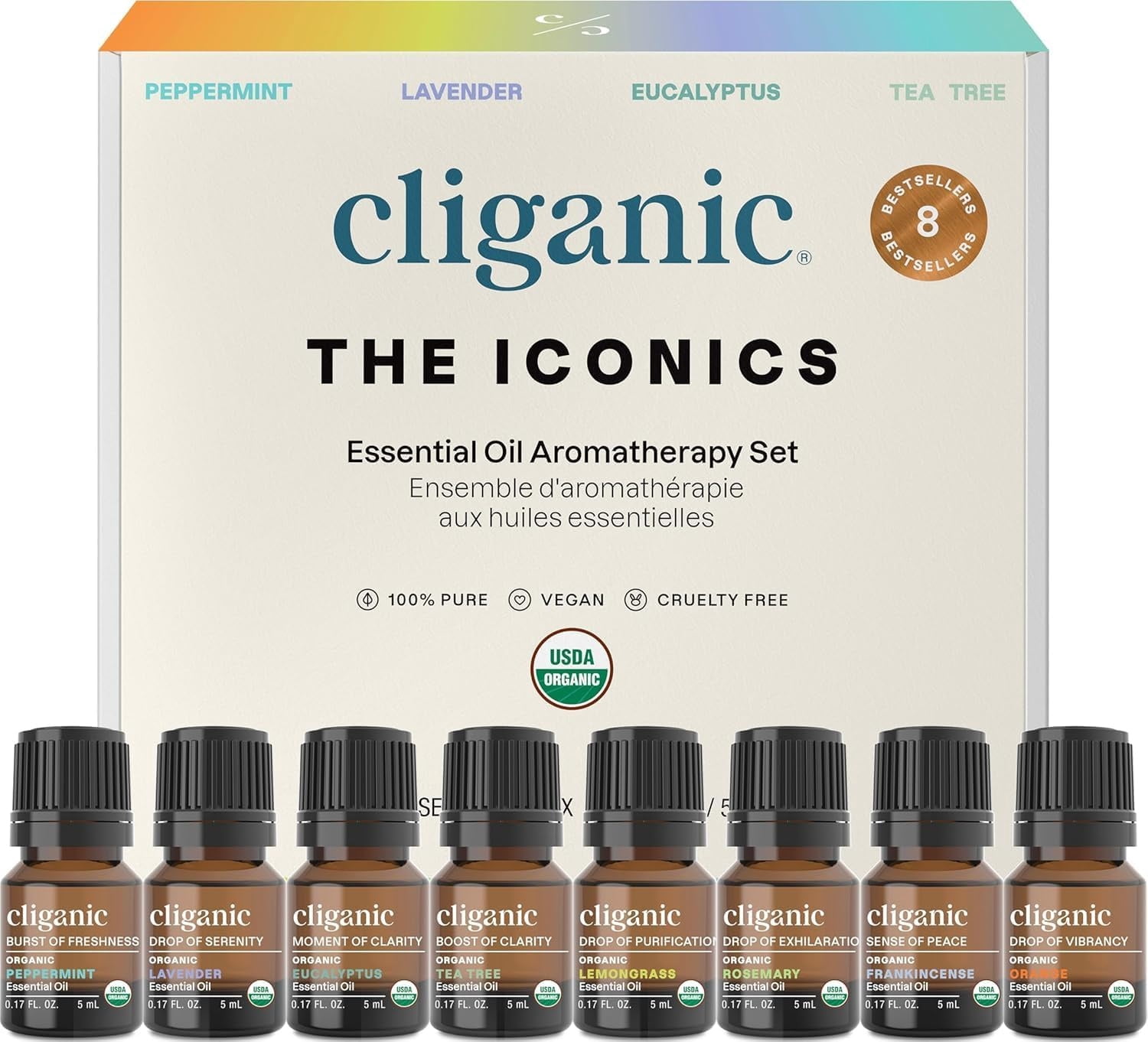 Cliganic Organic Aromatherapy Set - Top 8 Essential Oils - 8x0.17oz