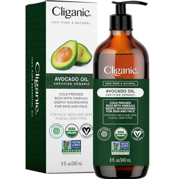 Cliganic Organic Avocado Oil, Pure Body Oil and Hair Oil for Skin Care, Nourishing Carrier Oil, 8 fl oz