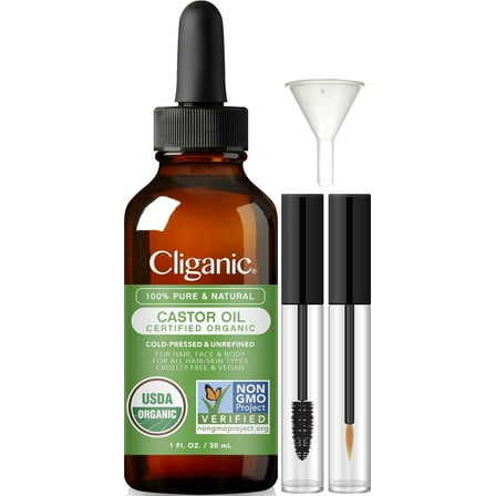 Cliganic Organic Castor Oil, 100% Pure (1oz with Eyelash Kit) - For Eyelashes, Eyebrows, Hair & Skin