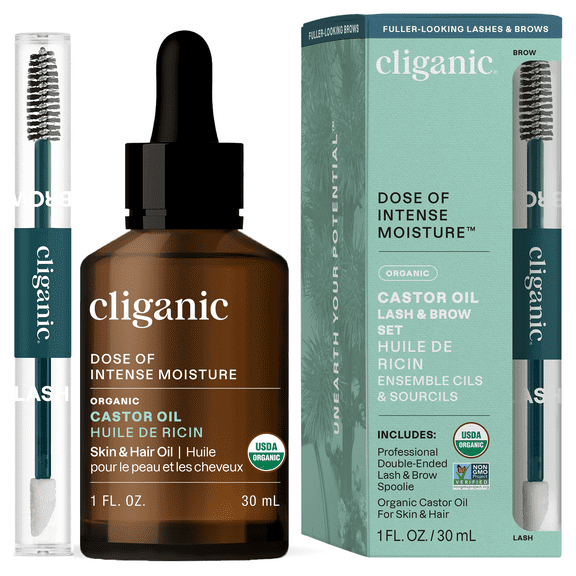 Cliganic Organic Castor Oil with Eyelash Kit, for Eyelashes, Hair & Skin, All Hair Types, Pure, 1oz