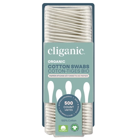 Cliganic Organic Cotton Swabs, 500 Count - 100% Pure Natural Cotton, Chlorine-Free Hypoallergenic, Soft, Gentle & Absorbent Buds