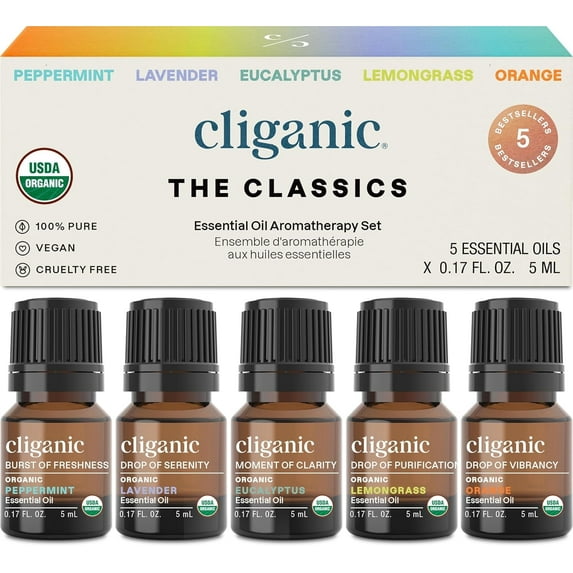 Cliganic Organic Essential Oils Set (Top 5) - 100% Pure Natural - Aromatherapy, Candle Making - Peppermint, Lavender, Eucalyptus, Lemongrass & Orange