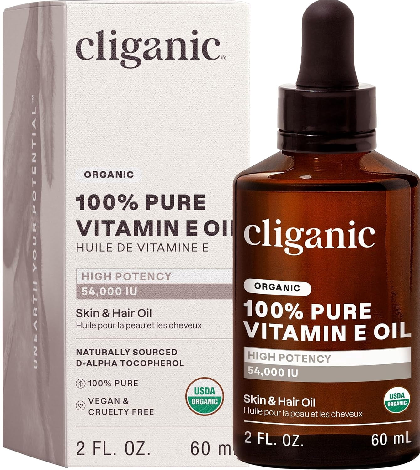 Cliganic Organic Pure Vitamin E Oil (2oz) for Skin, Hair & Face - 46,000 IU