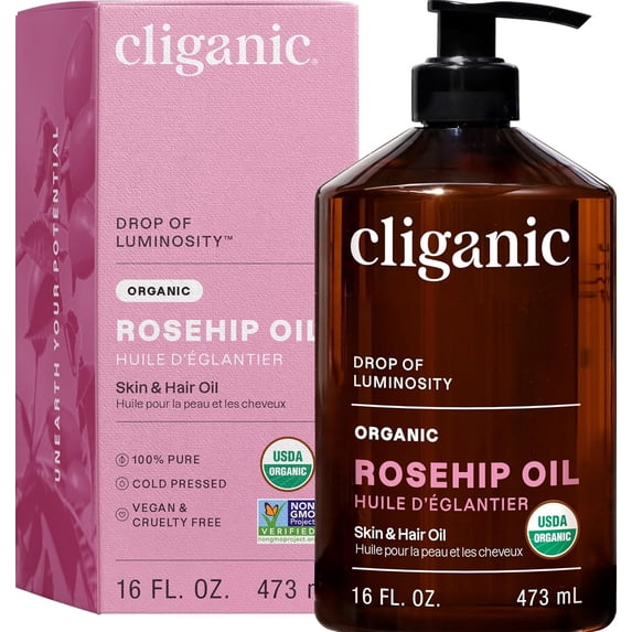 Cliganic Organic Rosehip Seed Oil 16oz with Pump for Face, 100% Pure - for Face, Hair & Body