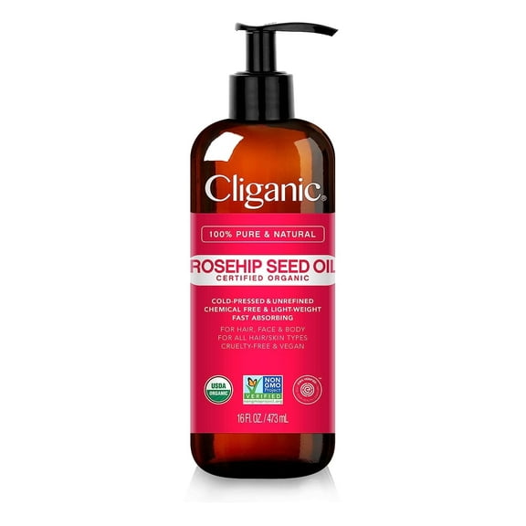 Cliganic Organic Rosehip Seed Oil 16oz with Pump for Face, 100% Pure - for Face, Hair & Body