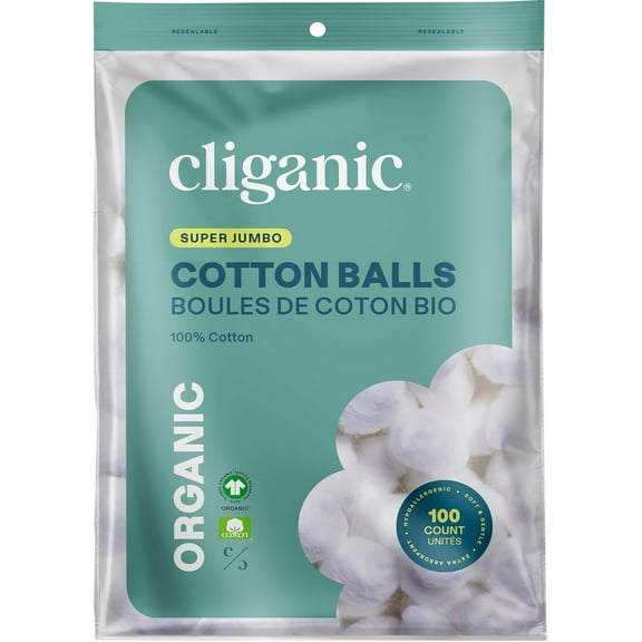Cliganic Organic Super Jumbo Cotton Balls (100 Count) - Hypoallergenic, Absorbent, Large Size, 100% Pure