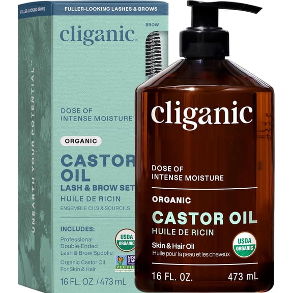 Cliganic USDA Organic Castor Oil, 100% Pure (16oz with Eyelash Kit) - For Eyelashes, Eyebrows, Hair & Skin | Bulk, Natural Cold Pressed Unrefined Hexane-Free | DIY Carrier Oil