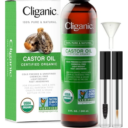 Cliganic USDA Organic Castor Oil, 100% Pure (8oz with Eyelash Kit) - For Eyelashes, Eyebrows, Hair & Skin | Natural Cold Pressed Unrefined Hexane-Free