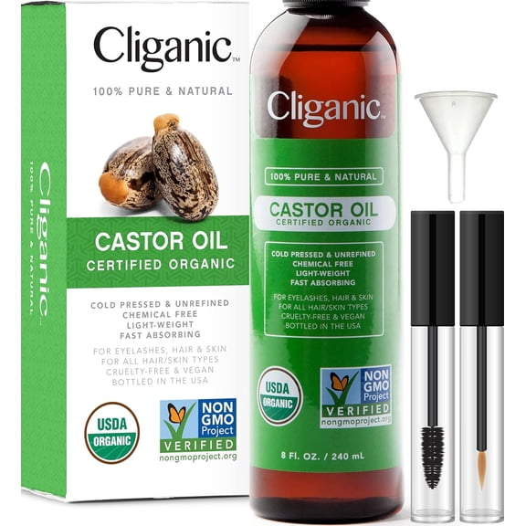 Cliganic Organic Castor Oil, Pure Hair Oil with Eyelash Kit for Eyelashes, Eyebrows, Hair and Skin, 8 fl oz