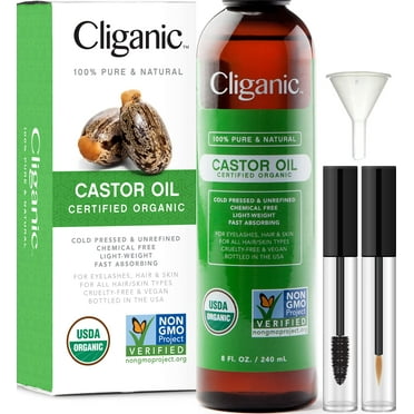 Cliganic USDA Organic Castor Oil, 100% Pure (8oz with Eyelash Kit) - For Eyelashes, Eyebrows, Hair & Skin | Natural Cold Pressed Unrefined Hexane-Free