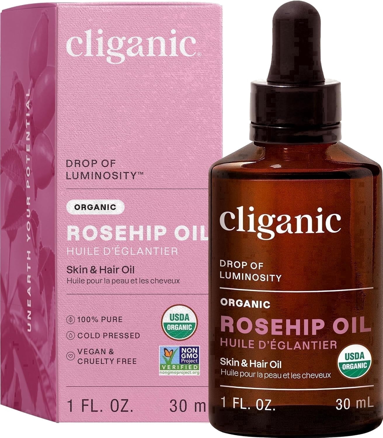 Cliganic Rosehip Oil, USDA Certified Organic Skin Care Face Serum and Body Oil, Cold-Pressed, 1 fl oz