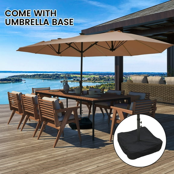 Clihome 15ft Double-Sided Patio Umbrella with Lights, Garden Outdoor Umbrella, Taupe