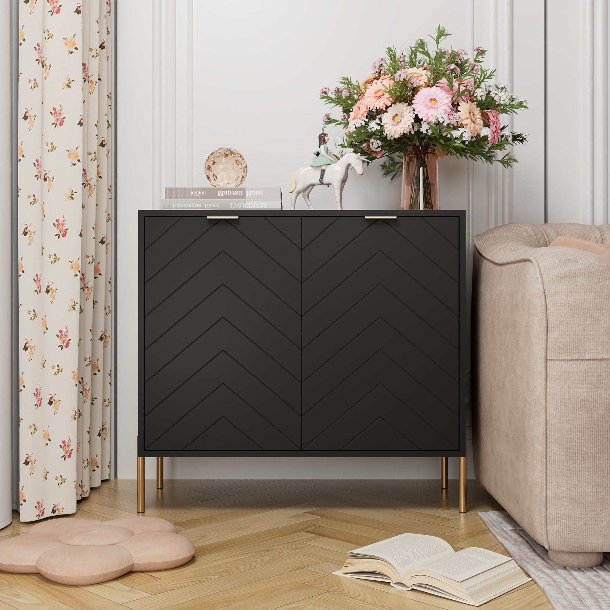 Black Chevron Pattern 2-Door Media Accent Cabinet with Gold Legs