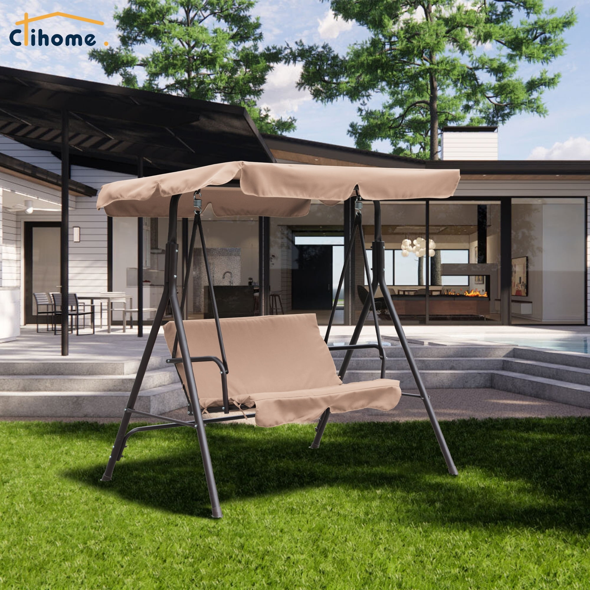 Khaki Steel Frame 2-Person Outdoor Porch Swing with Removable Cushions