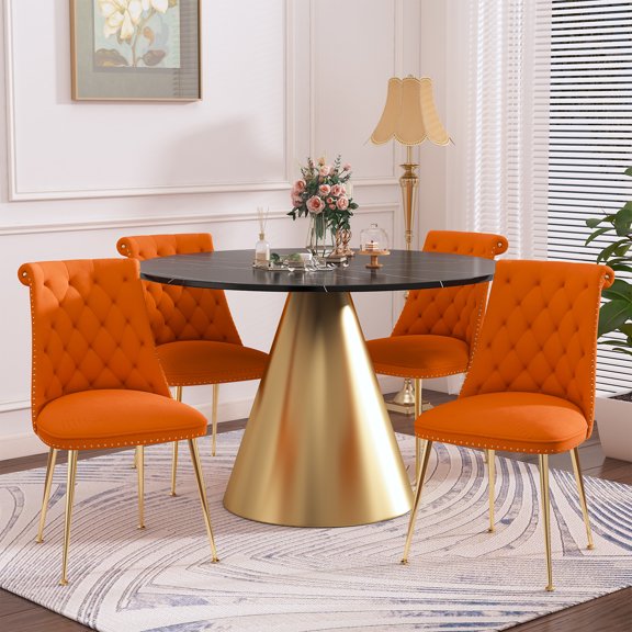 Clihome 5 Piece Dining Table Set, Black Marble Top Table with Velvet Upholstered Chairs for 4