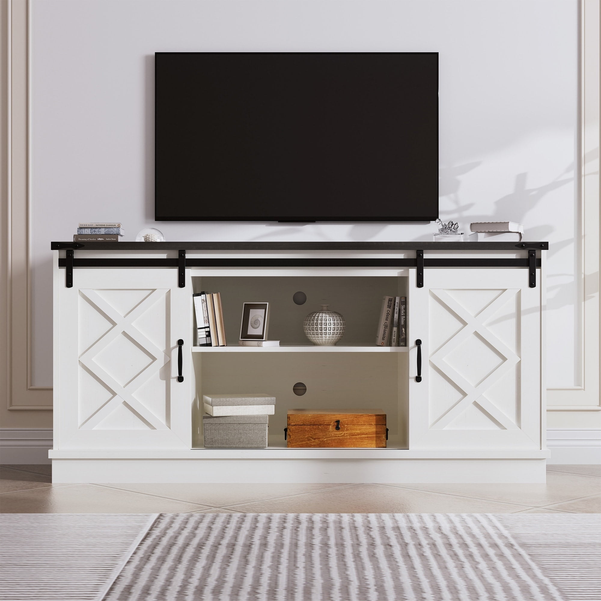 White Farmhouse 58" TV Stand with Sliding Barn Doors