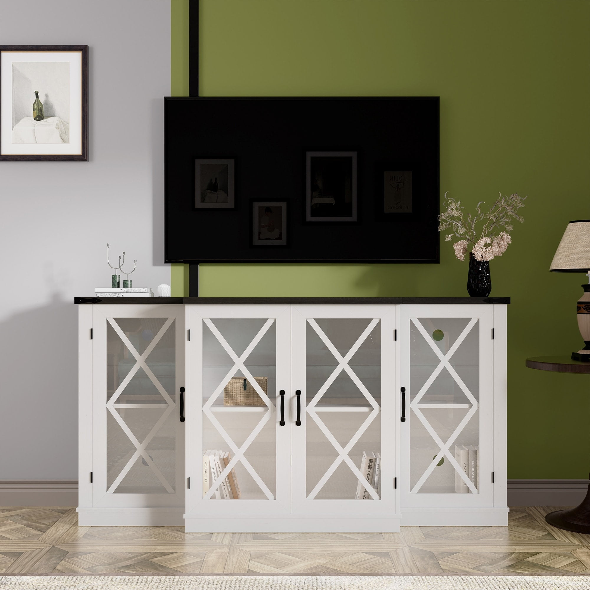 White Farmhouse 63" TV Stand with Glass Cabinet Doors