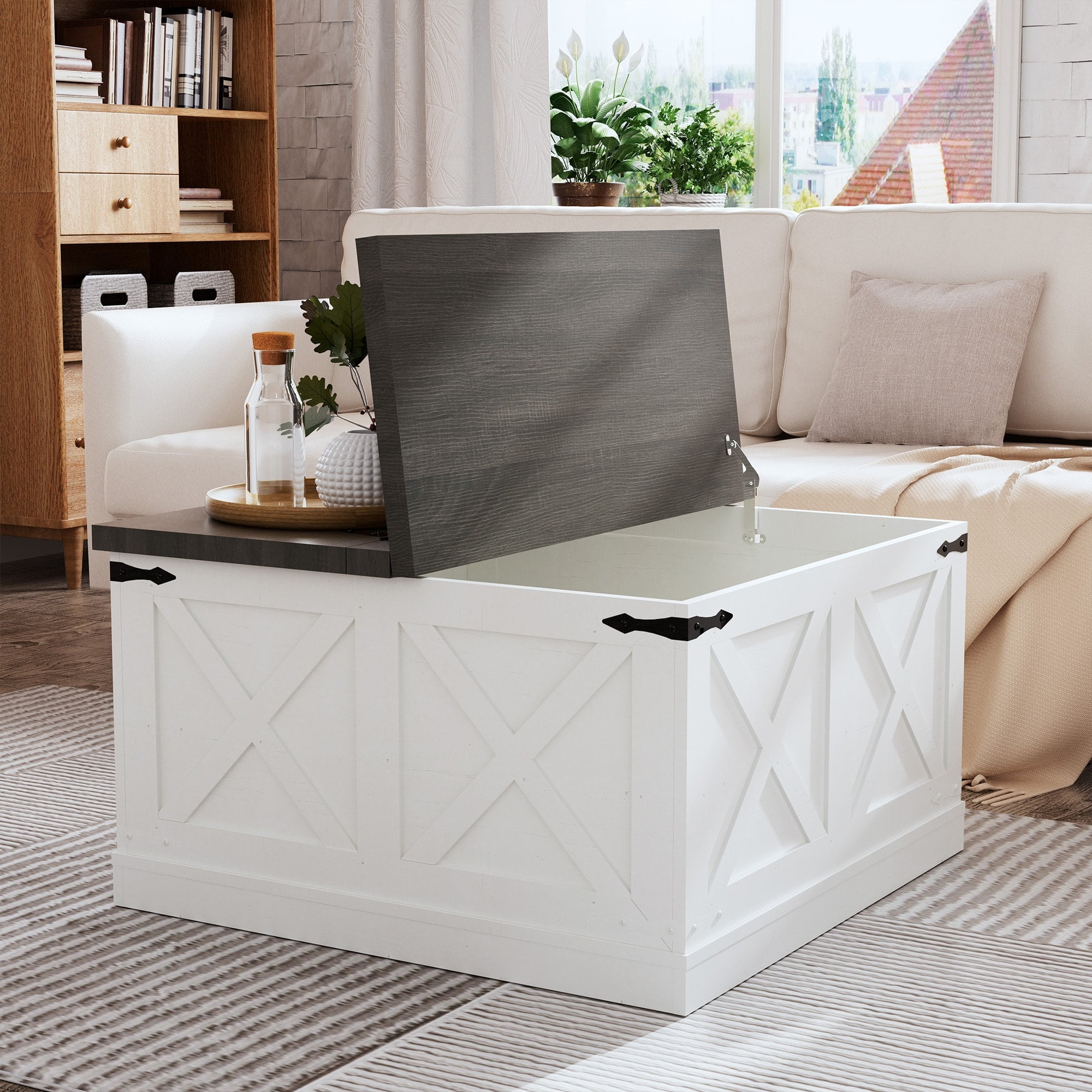 Farmhouse White and Gray Square Coffee Table with Hidden Storage