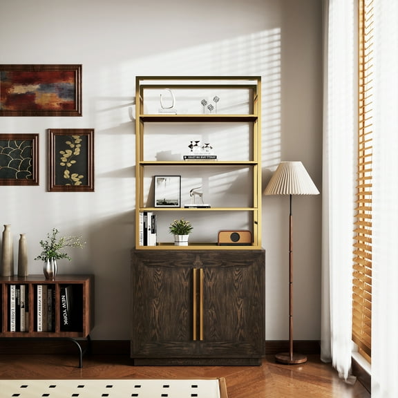 Clihome Freestanding Golden Bookcase with 2-Doors Bookshelf Storage Cabinet, Kitchen Storage Racks