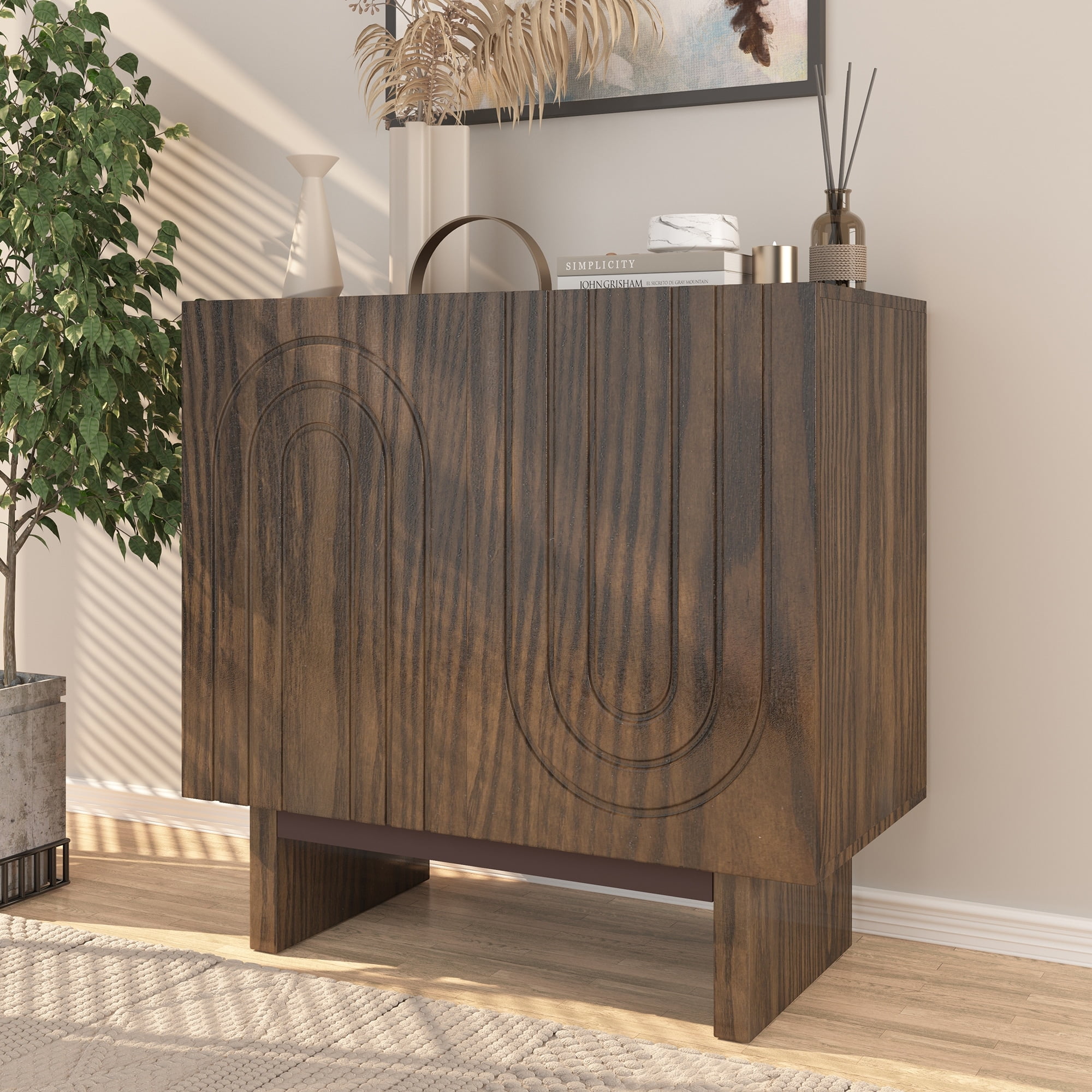 Industrial Brown MDF 2-Door Accent Cabinet with Fluted Design