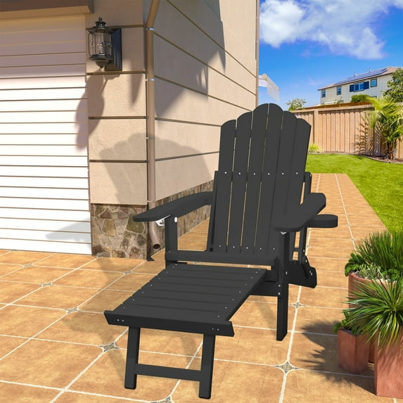 Clihome HIPS Folding Patio Adirondack Chair with Pull-out Ottoman Black