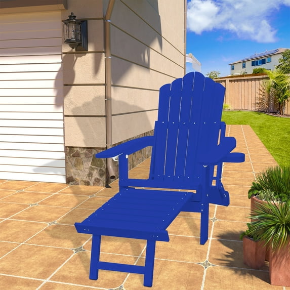 Clihome HIPS Folding Patio Adirondack Chair with Pull-out Ottoman Blue
