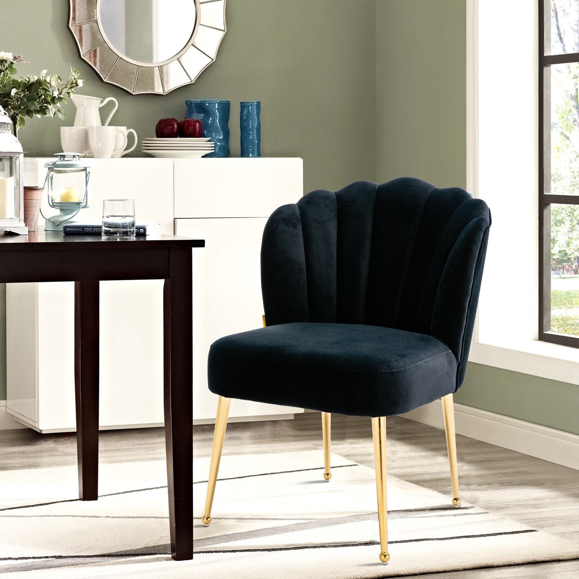 Clihome Modern Black Seashell Design Velvet Accent Dining Chair Side